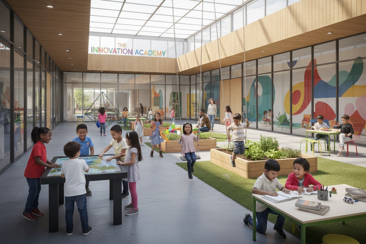 Children play, read, and use interactive screens in a bright, modern school atrium with indoor planters and a skylight.